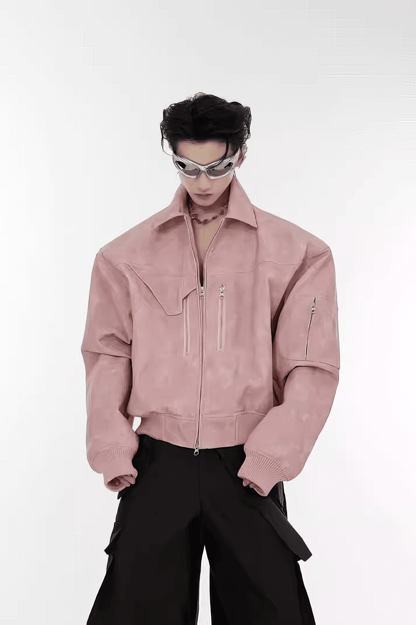Men’s Trendy Polka Dot Gradient Pink Bomber Jacket with Shoulder Pads & Zipper Details - 4inme