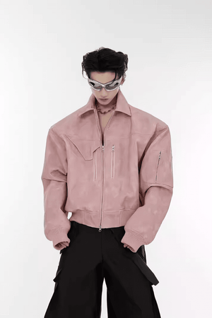 Men’s Trendy Polka Dot Gradient Pink Bomber Jacket with Shoulder Pads & Zipper Details - 4inme