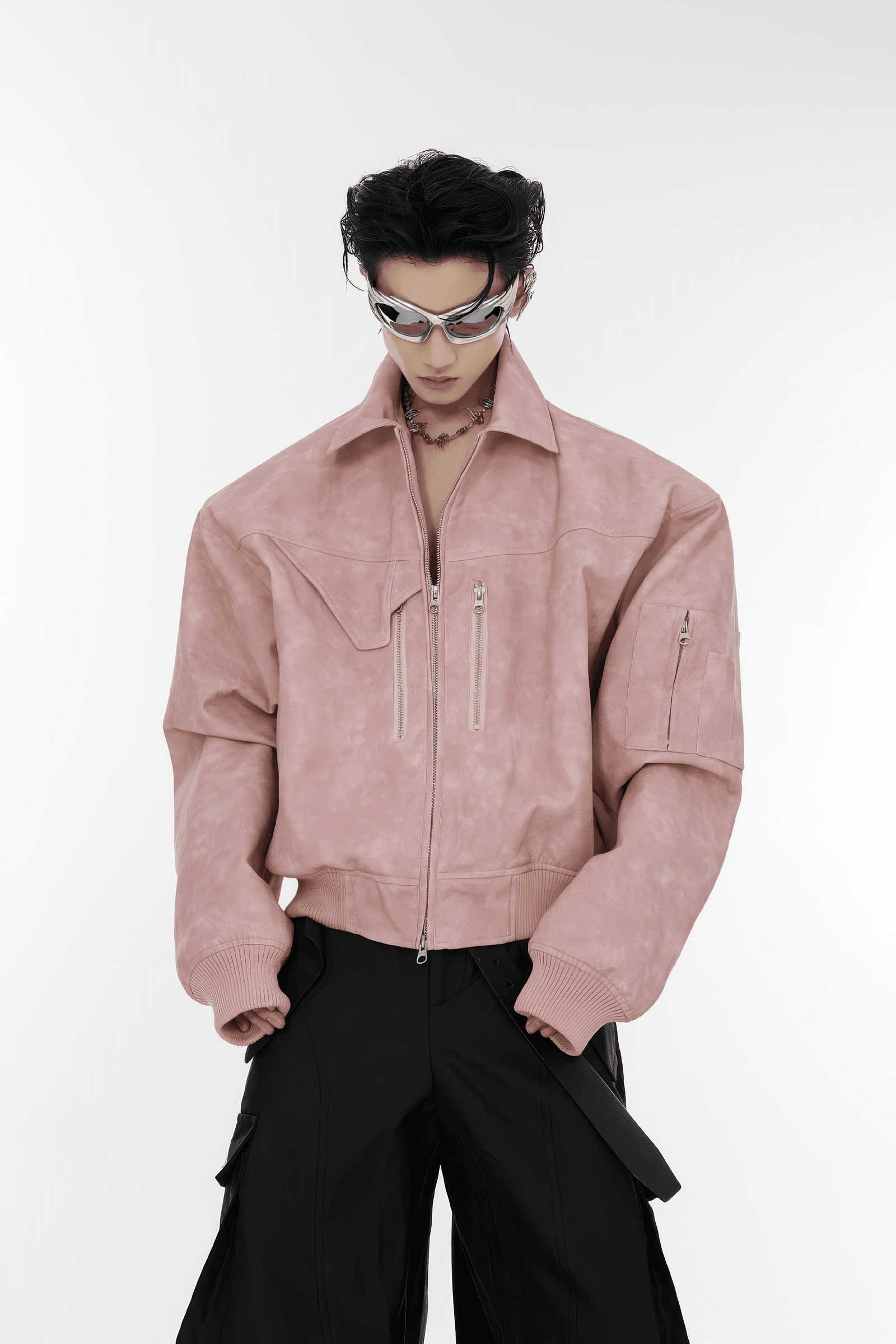 Men’s Trendy Polka Dot Gradient Pink Bomber Jacket with Shoulder Pads & Zipper Details - 4inme