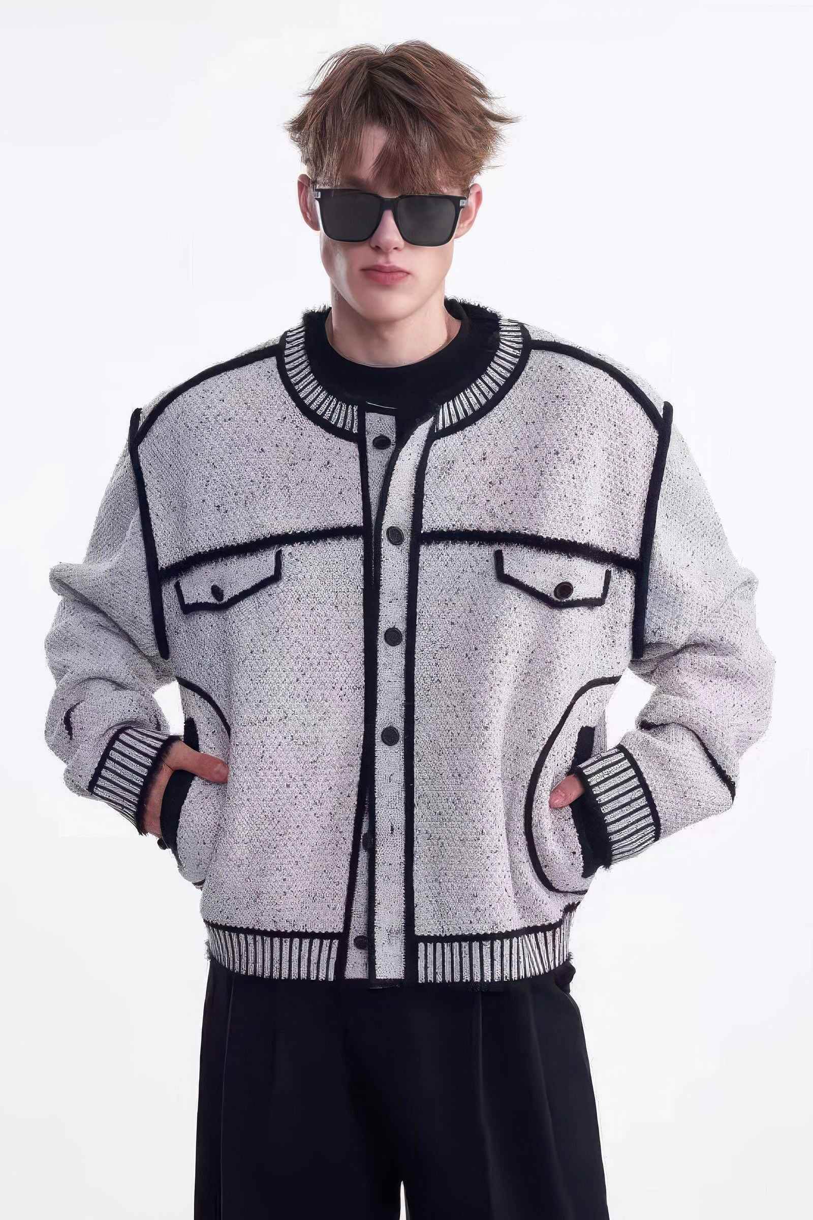 Knitted Sweater Jacket with Mark Pen Design - 4inme