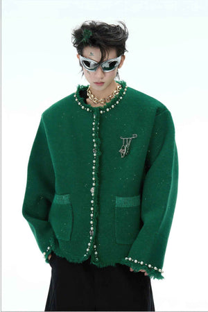 Minimalist Pearl-Decorated Knitted Sweater Jacket with Brooch Accent - 4inme