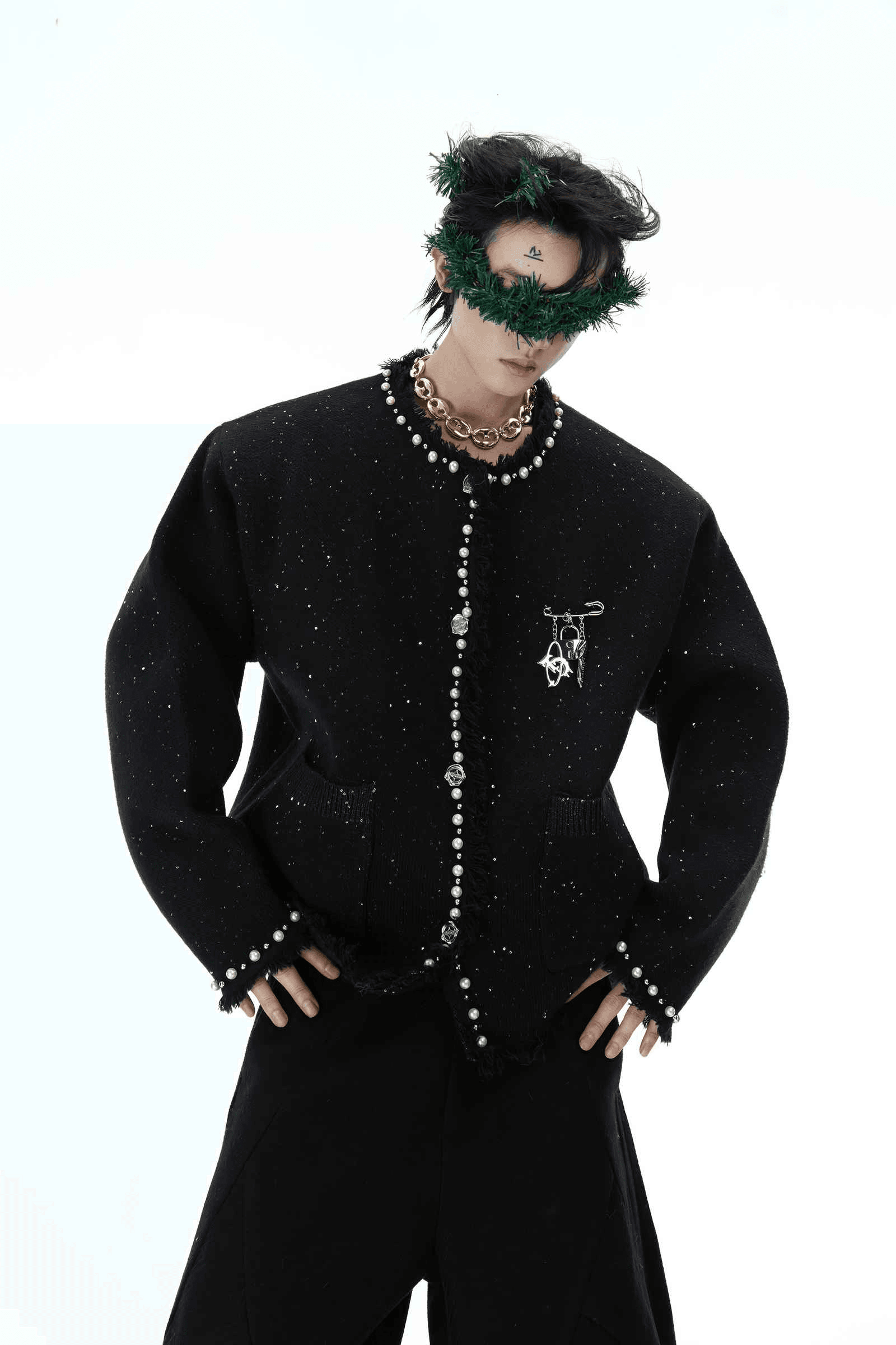 Minimalist Pearl-Decorated Knitted Sweater Jacket with Brooch Accent - 4inme