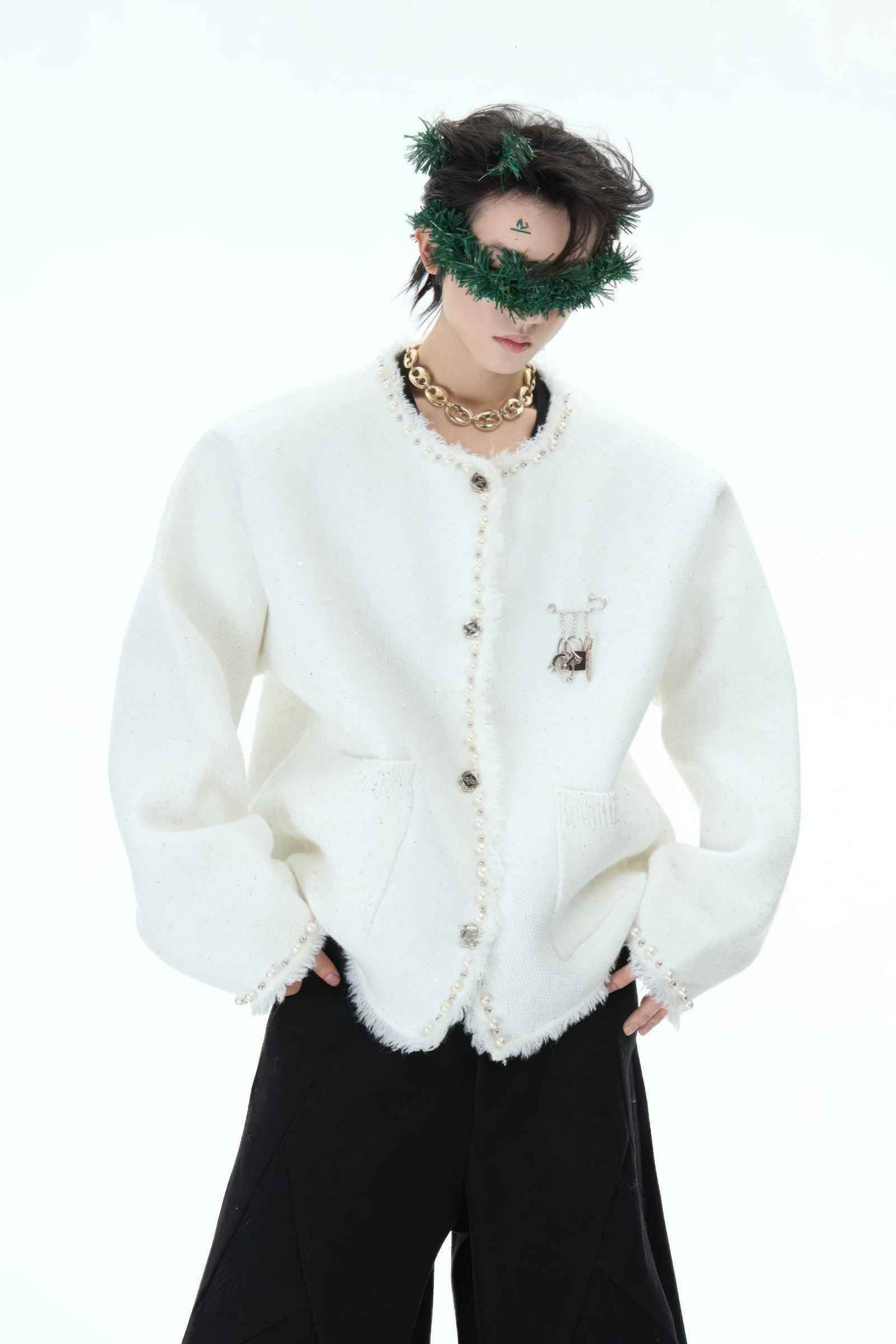 Minimalist Pearl-Decorated Knitted Sweater Jacket with Brooch Accent - 4inme