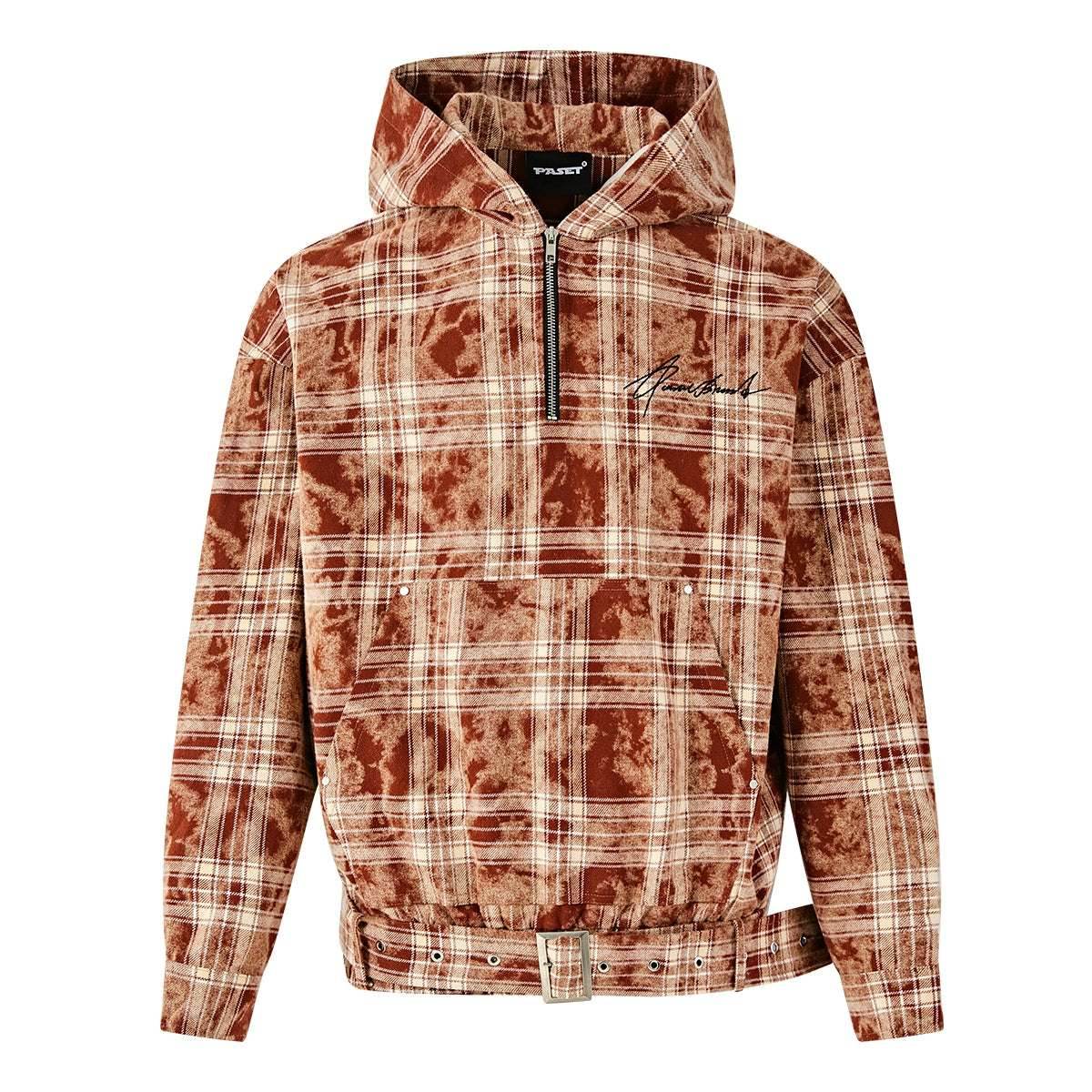 Tie-Dye Hoodie - Half-Zip Belted Checkered Loungewear - 4inme