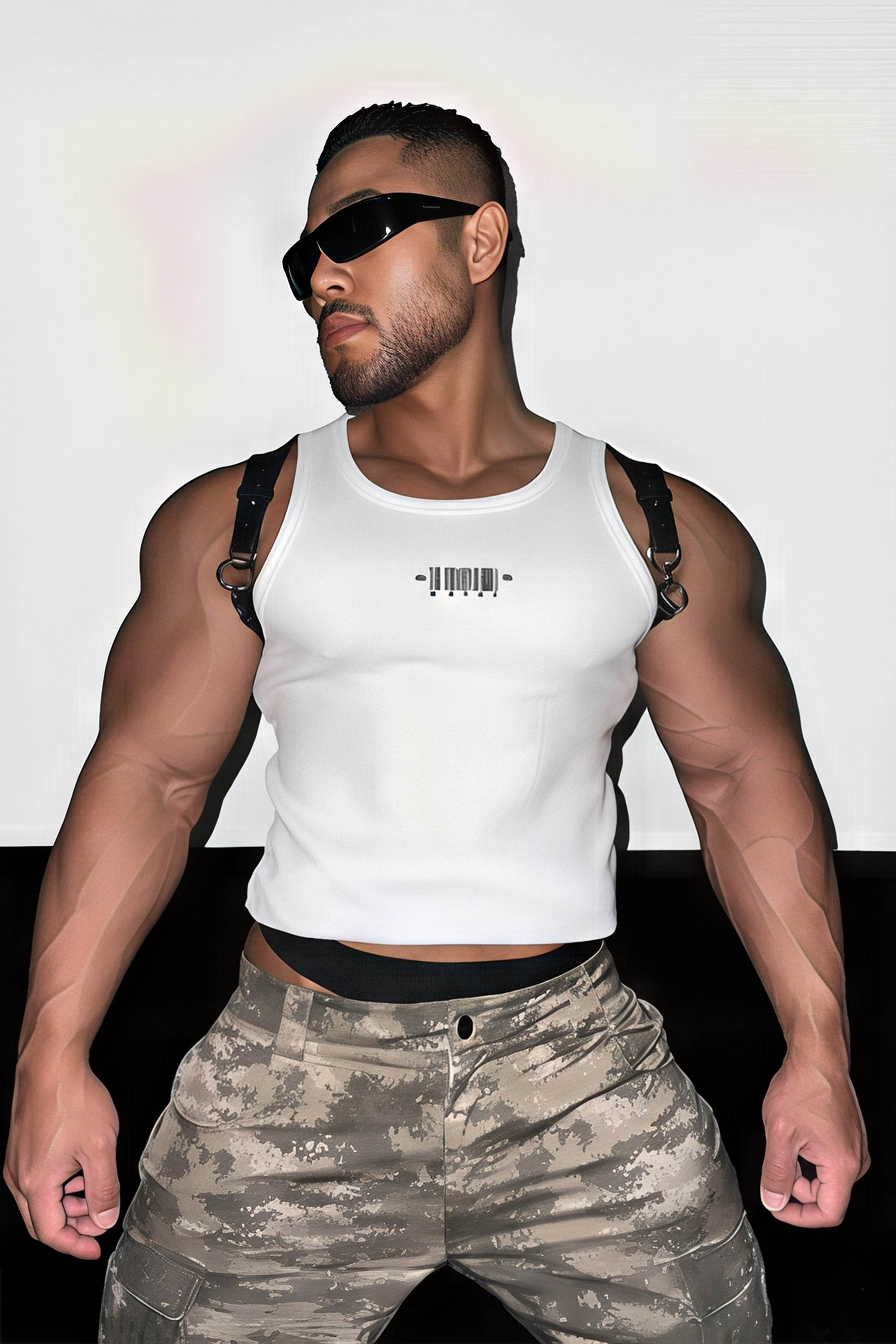 Men's Sleeveless Ribbed Tank with Stud Embroidery – Stretch Gym Wear - 4inme