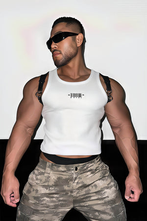 Men's Sleeveless Ribbed Tank with Stud Embroidery – Stretch Gym Wear - 4inme