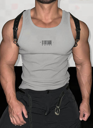 Men's Sleeveless Ribbed Tank with Stud Embroidery – Stretch Gym Wear - 4inme