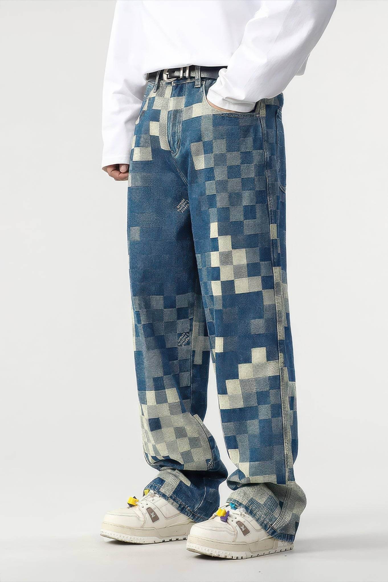 Plaid Patchwork Jeans - Oversized Wide-Leg Streetwear Pants - 4inme
