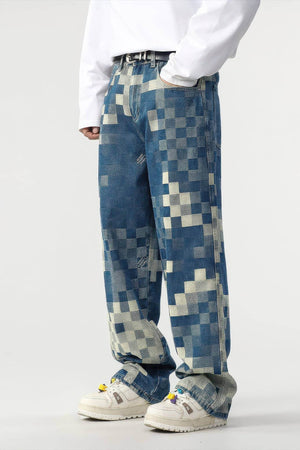 Plaid Patchwork Jeans - Oversized Wide-Leg Streetwear Pants - 4inme