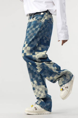 Plaid Patchwork Jeans - Oversized Wide-Leg Streetwear Pants - 4inme