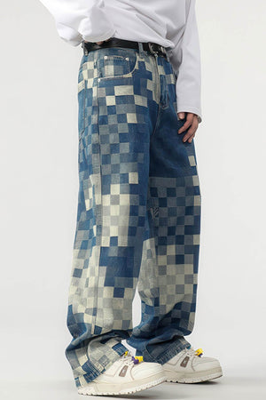 Plaid Patchwork Jeans - Oversized Wide-Leg Streetwear Pants - 4inme