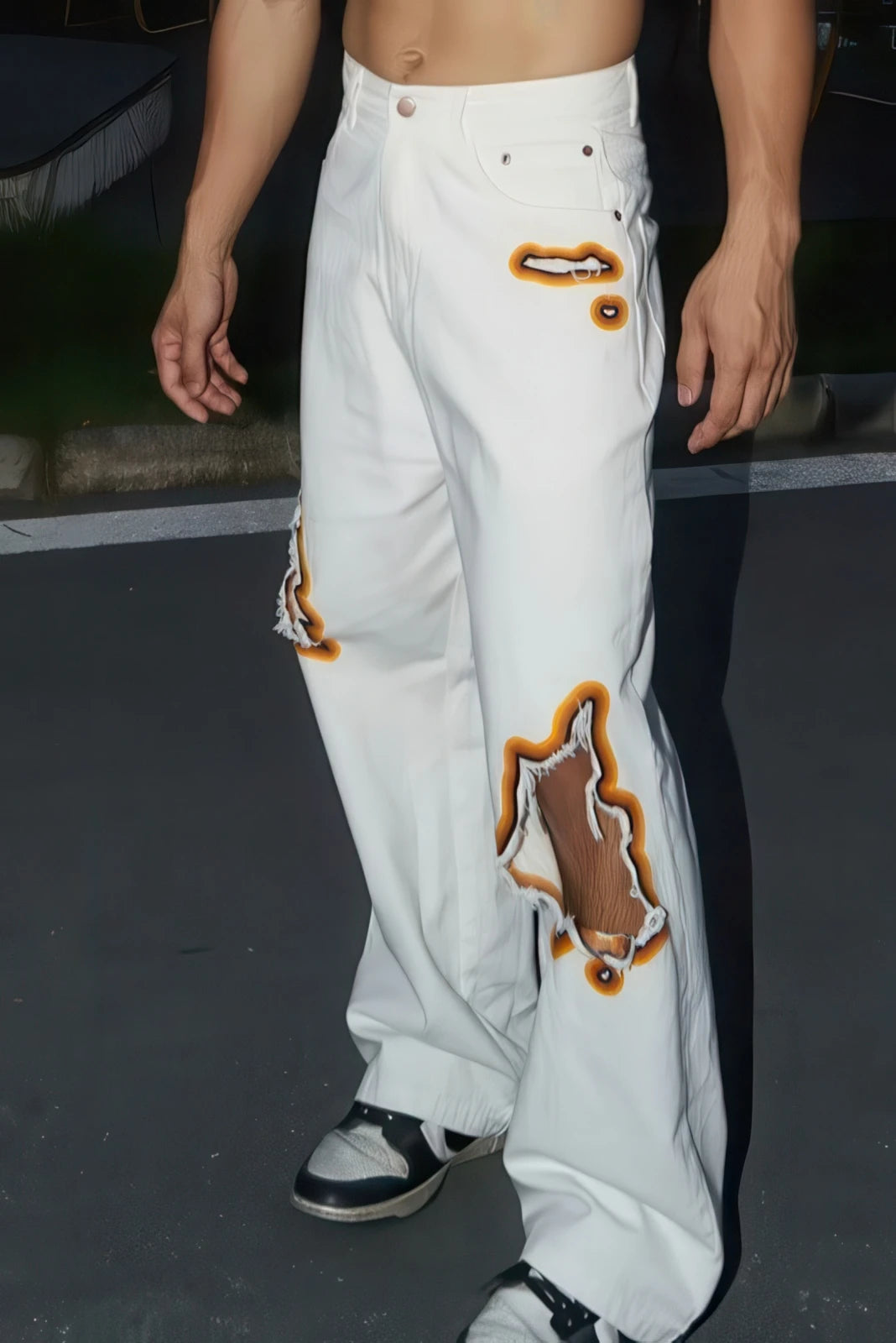 Flame Burnout Distressed Denim Jeans – Bold, Street Style Design - 4inme