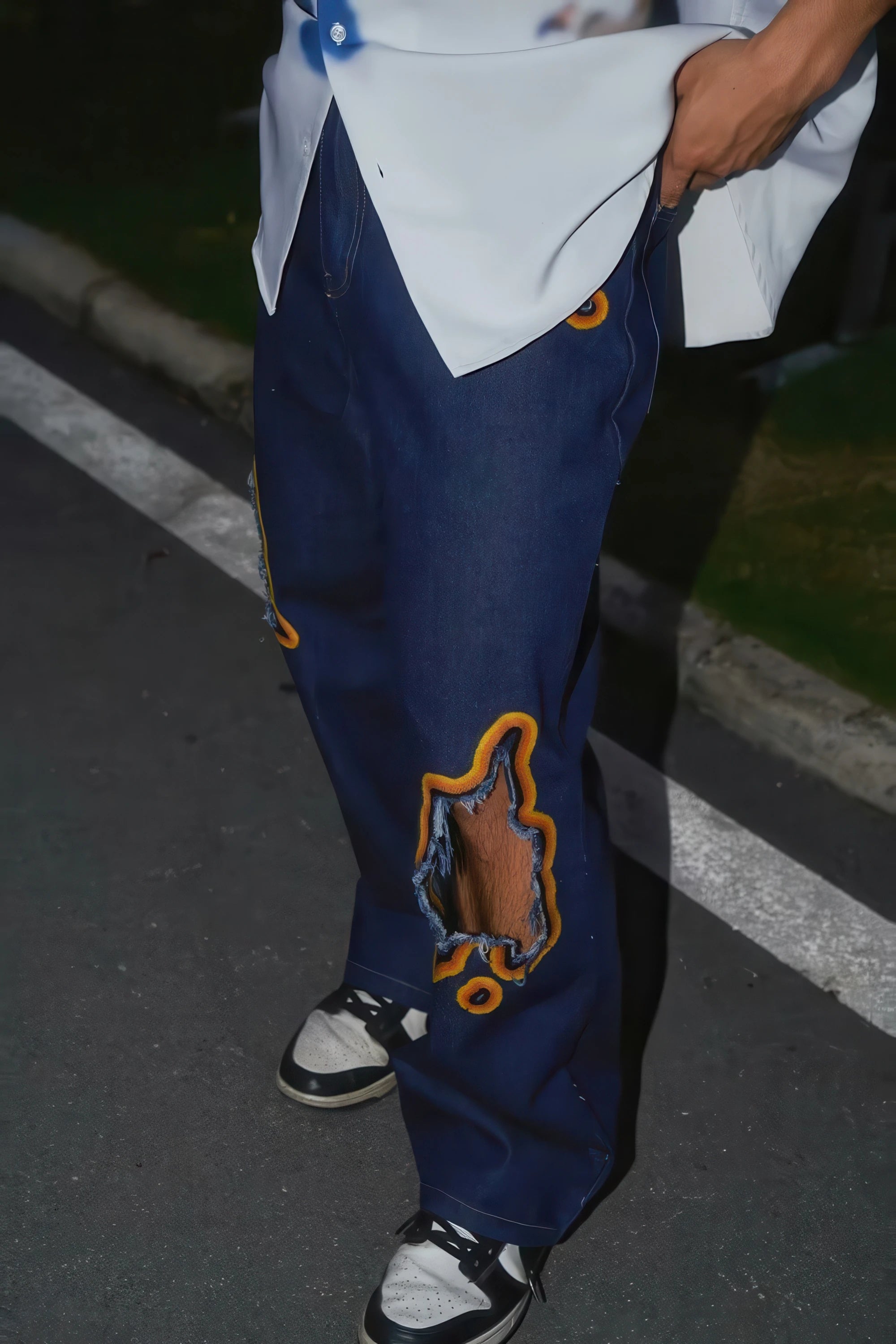 Flame Burnout Distressed Denim Jeans – Bold, Street Style Design - 4inme