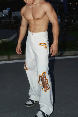 Flame Burnout Distressed Denim Jeans – Bold, Street Style Design - 4inme