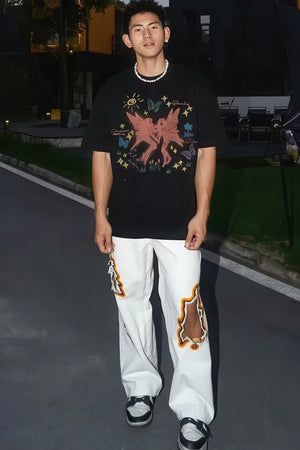 Flame Burnout Distressed Denim Jeans – Bold, Street Style Design - 4inme