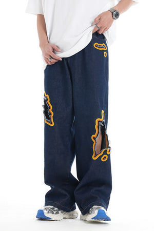 Flame Burnout Distressed Denim Jeans – Bold, Street Style Design - 4inme