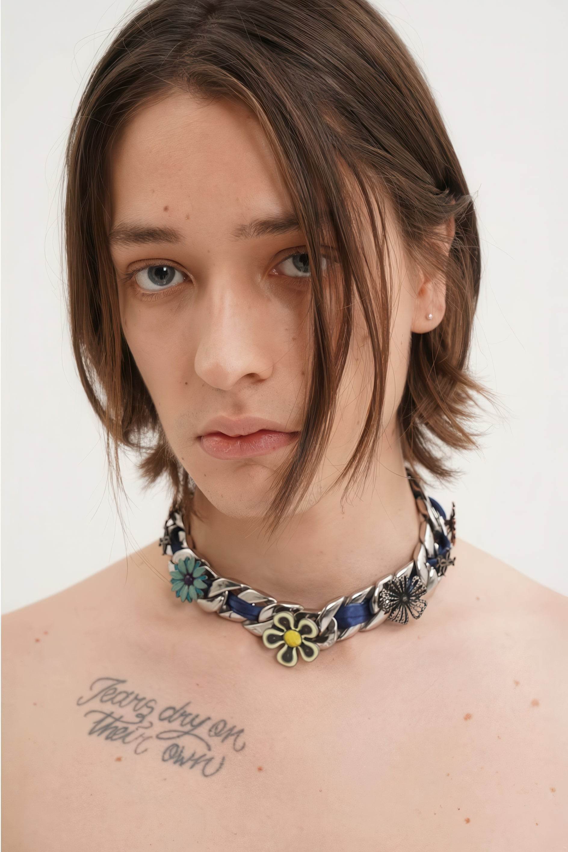 Satin Floral Cuban Chain - Unisex Ribbon Necklace Statement Piece - 4inme