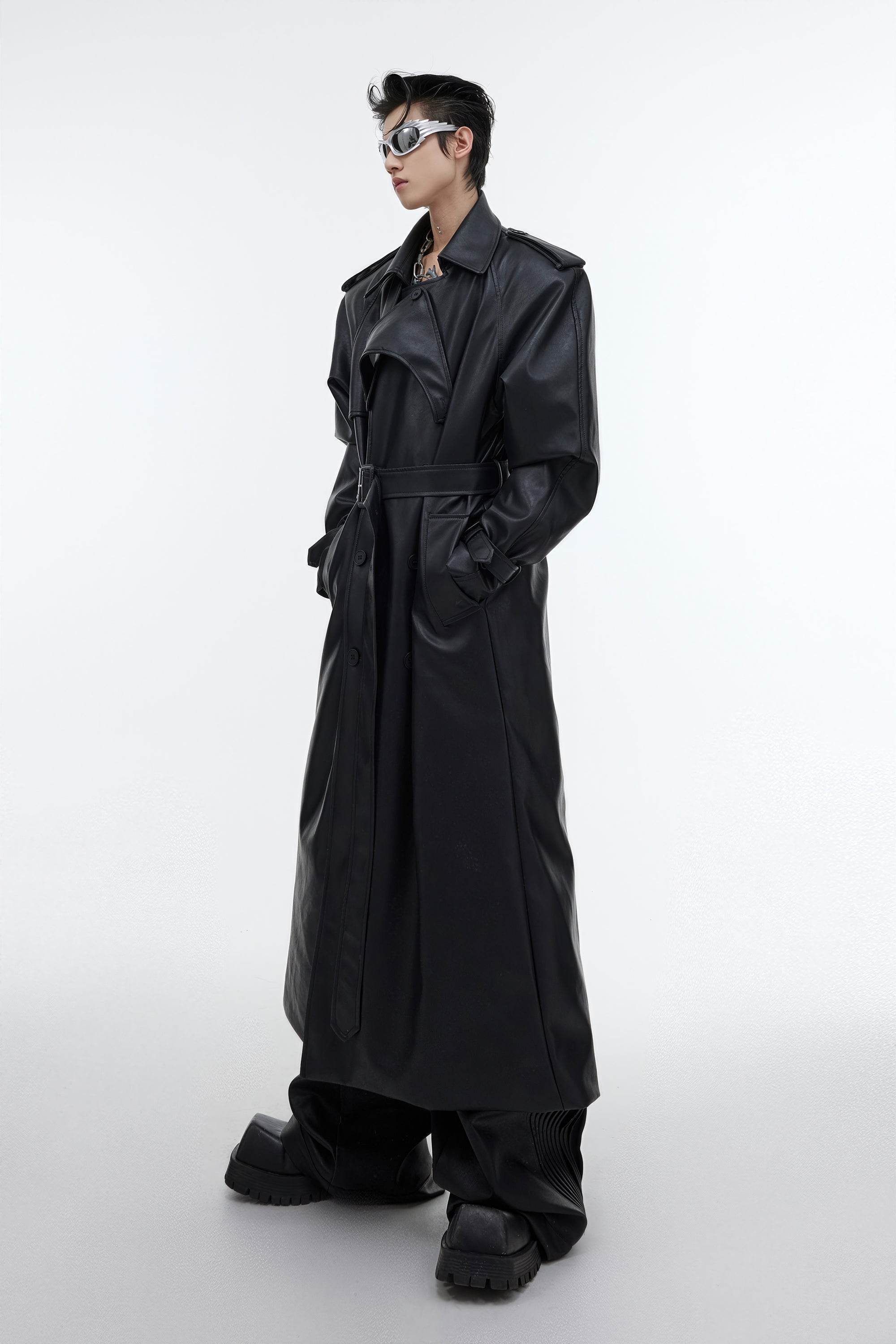 Structured PU Leather Coat - Oversized Trench with Shoulder Pads - 4inme