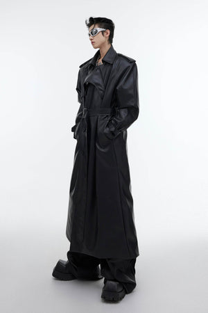 Structured PU Leather Coat - Oversized Trench with Shoulder Pads - 4inme