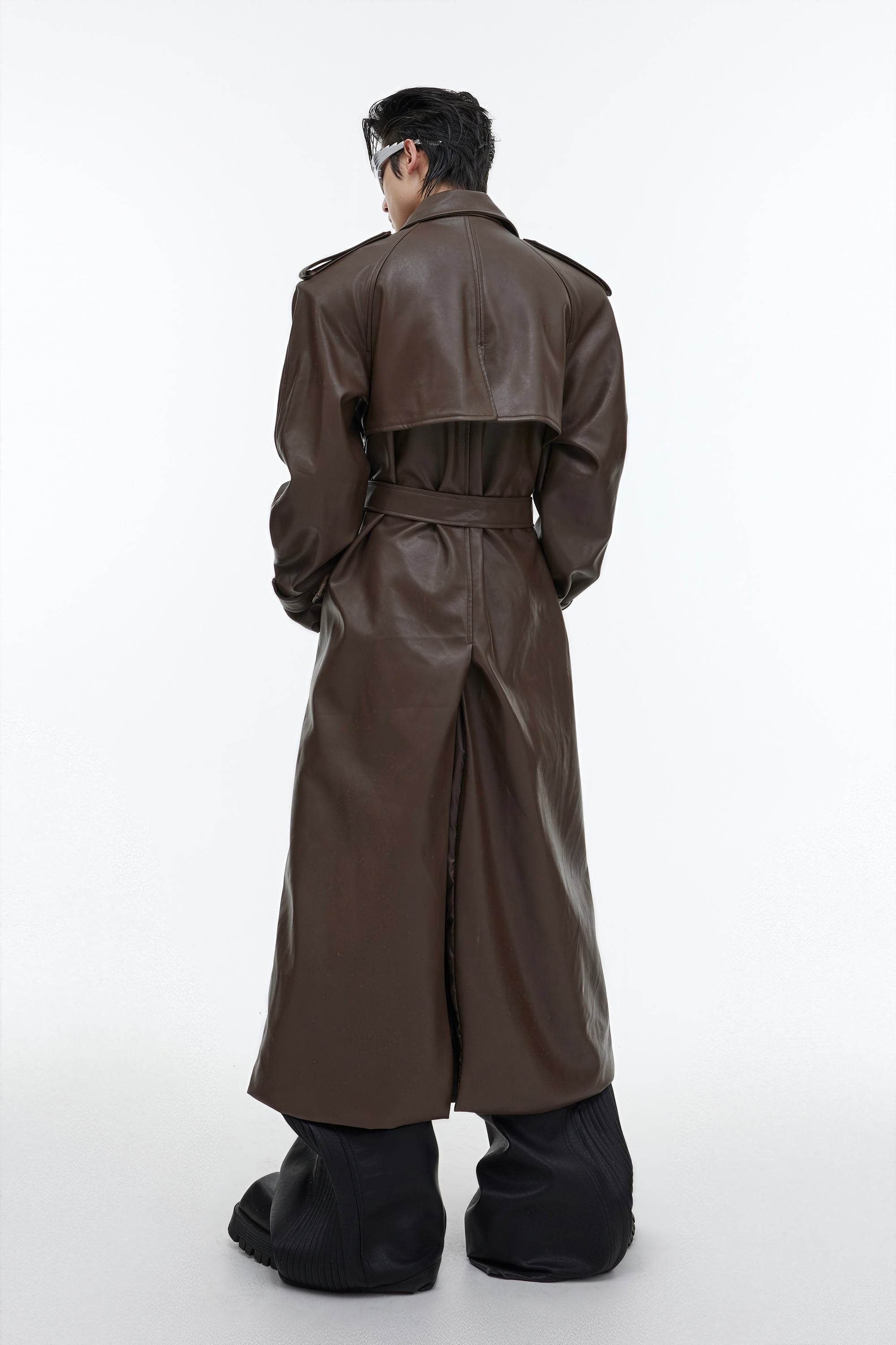 Structured PU Leather Coat - Oversized Trench with Shoulder Pads - 4inme