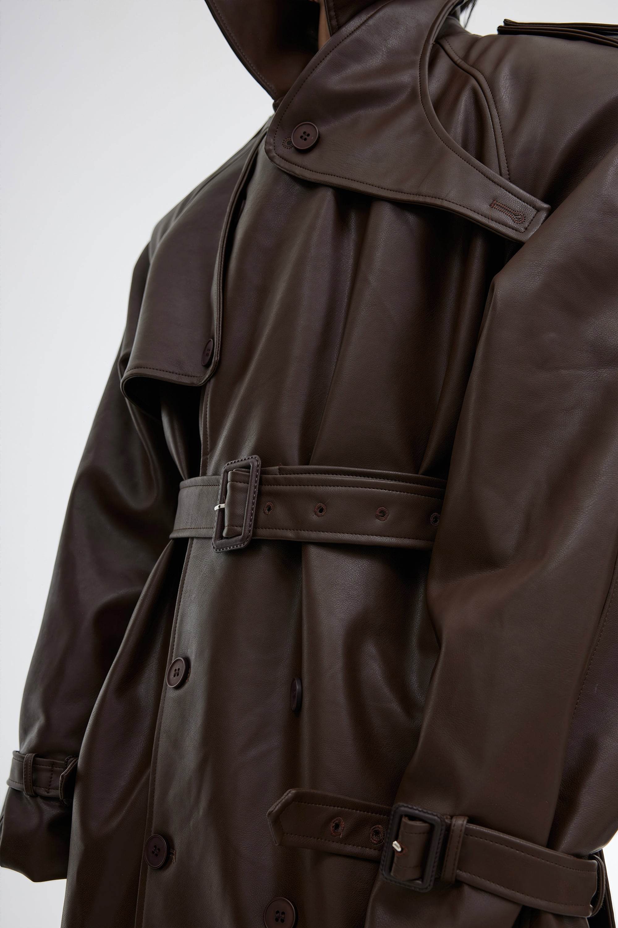 Structured PU Leather Coat - Oversized Trench with Shoulder Pads - 4inme