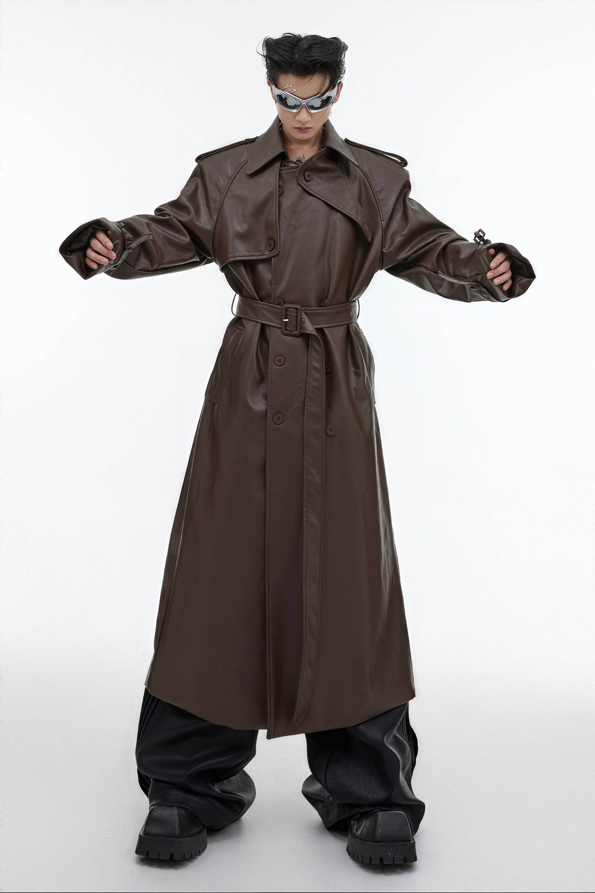 Structured PU Leather Coat - Oversized Trench with Shoulder Pads - 4inme