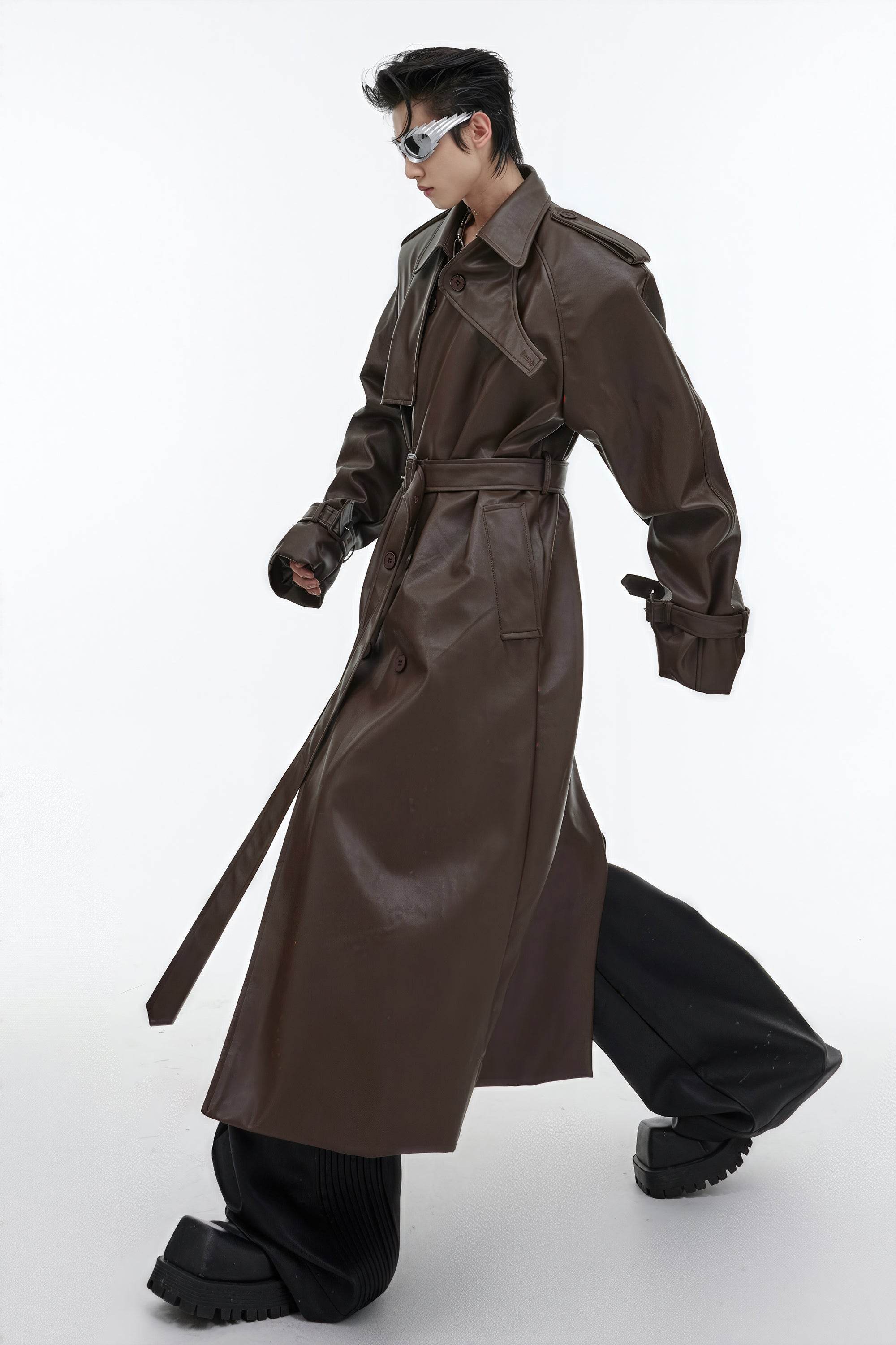 Structured PU Leather Coat - Oversized Trench with Shoulder Pads - 4inme