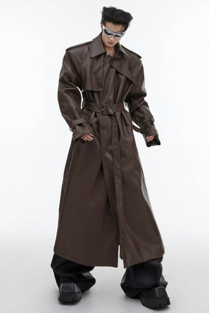 Structured PU Leather Coat - Oversized Trench with Shoulder Pads - 4inme