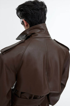 Structured PU Leather Coat - Oversized Trench with Shoulder Pads - 4inme