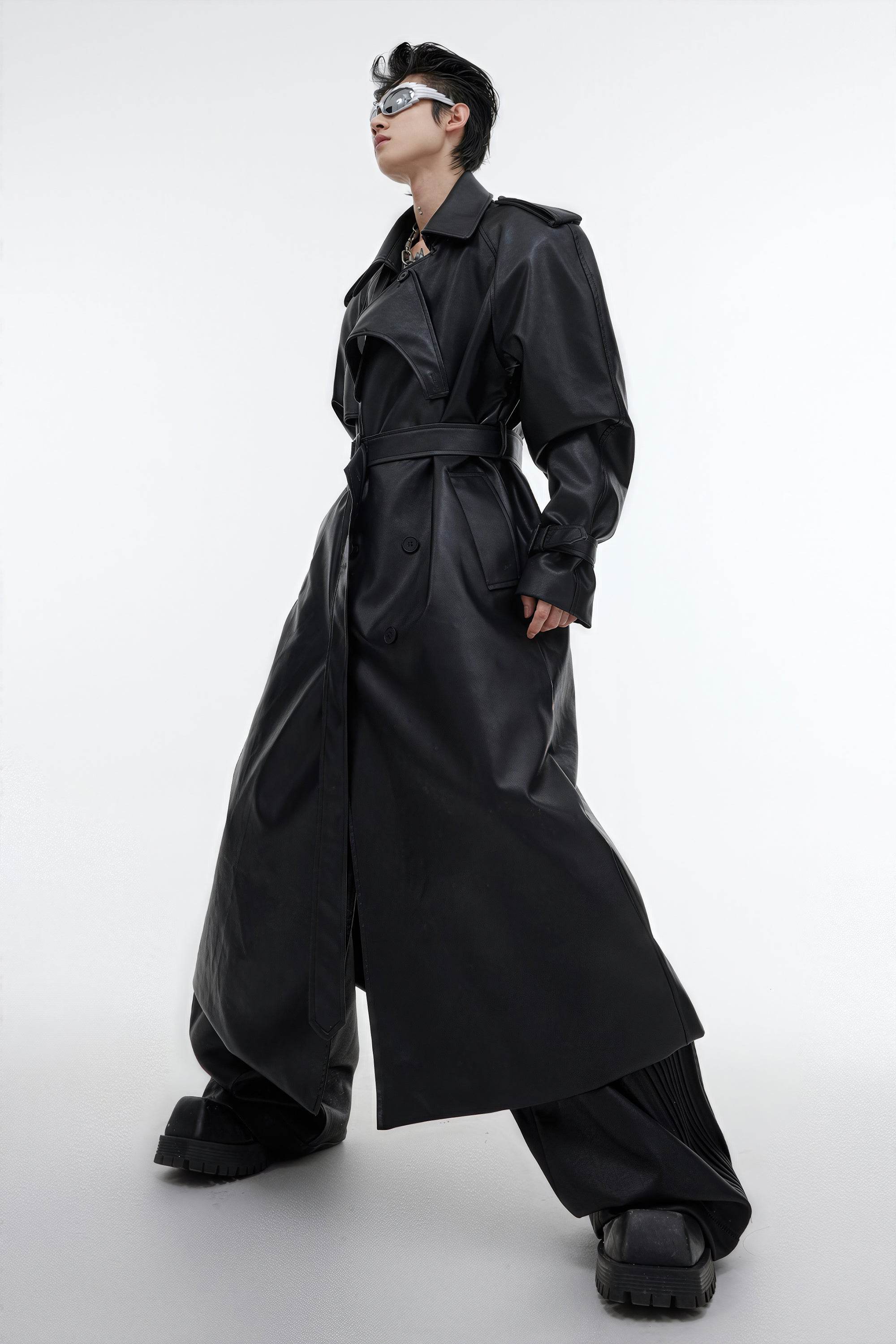 Structured PU Leather Coat - Oversized Trench with Shoulder Pads - 4inme
