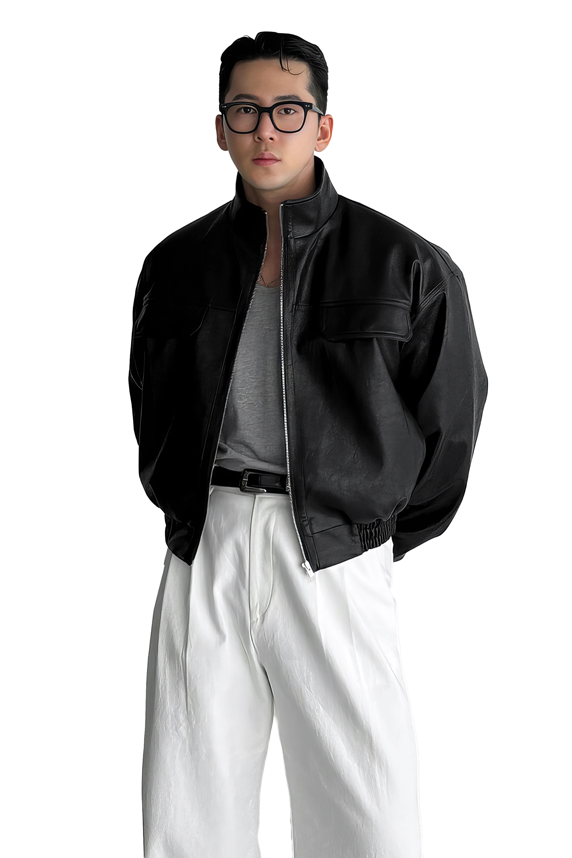 Mandlig biker læderjakke – kort moto jakke med lommer