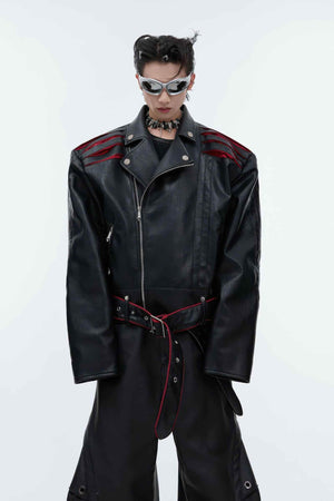 Short Deconstructed Biker Leather Jacket - Pleated Spine and Heavy Stitching - 4inme