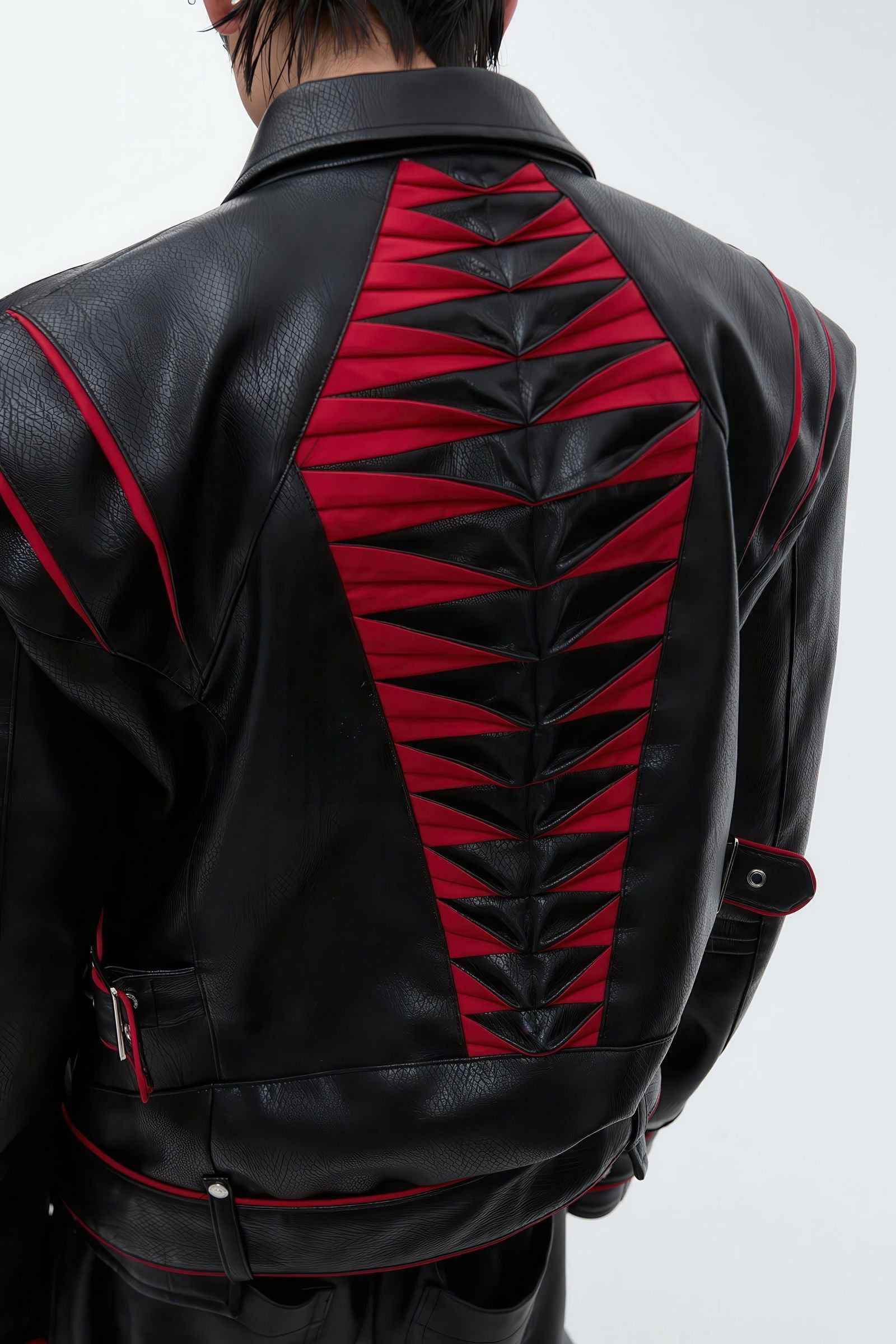 Short Deconstructed Biker Leather Jacket - Pleated Spine and Heavy Stitching - 4inme
