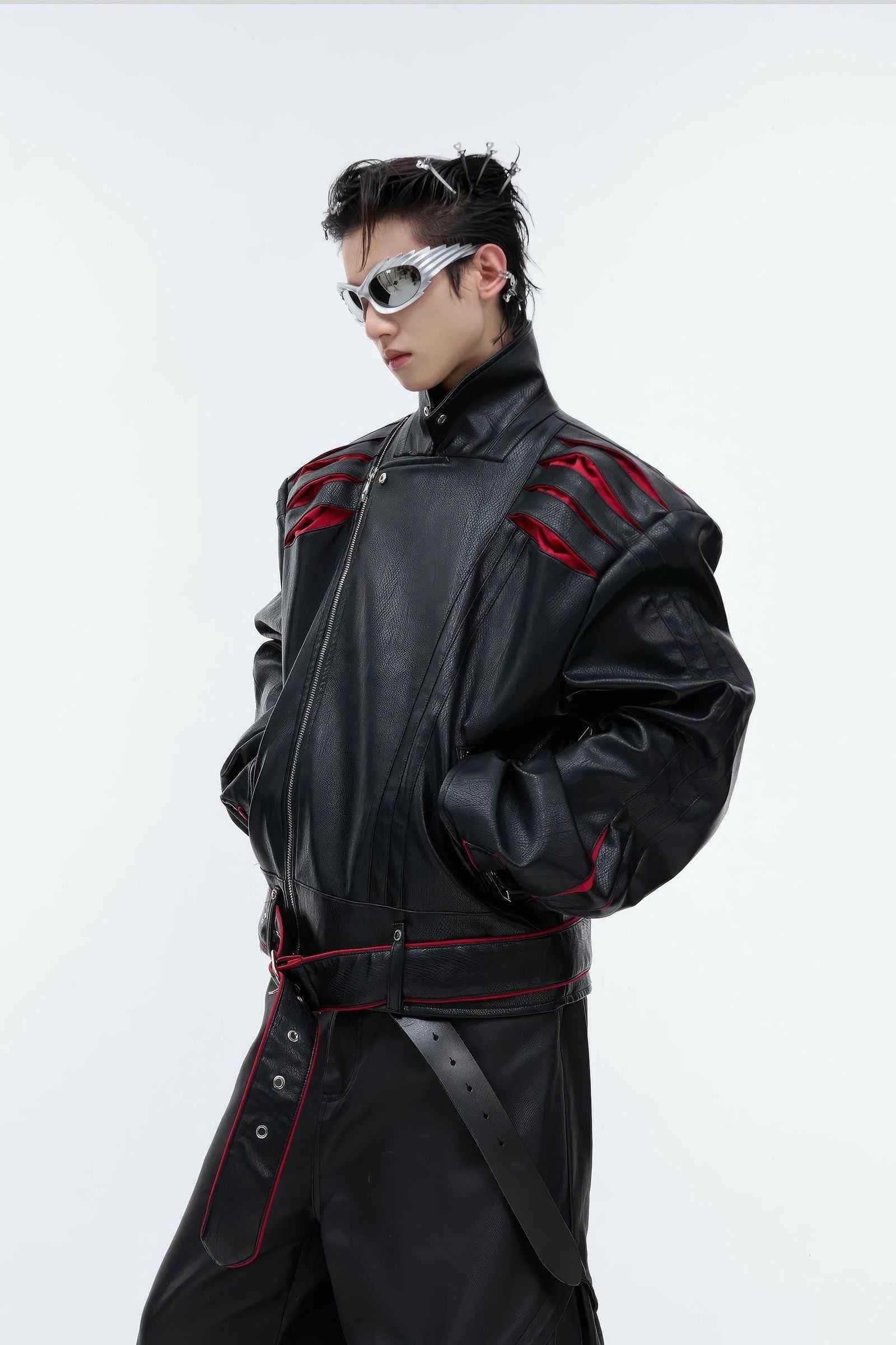 Short Deconstructed Biker Leather Jacket - Pleated Spine and Heavy Stitching - 4inme