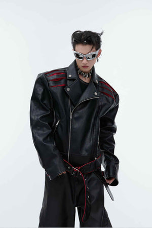 Short Deconstructed Biker Leather Jacket - Pleated Spine and Heavy Stitching - 4inme
