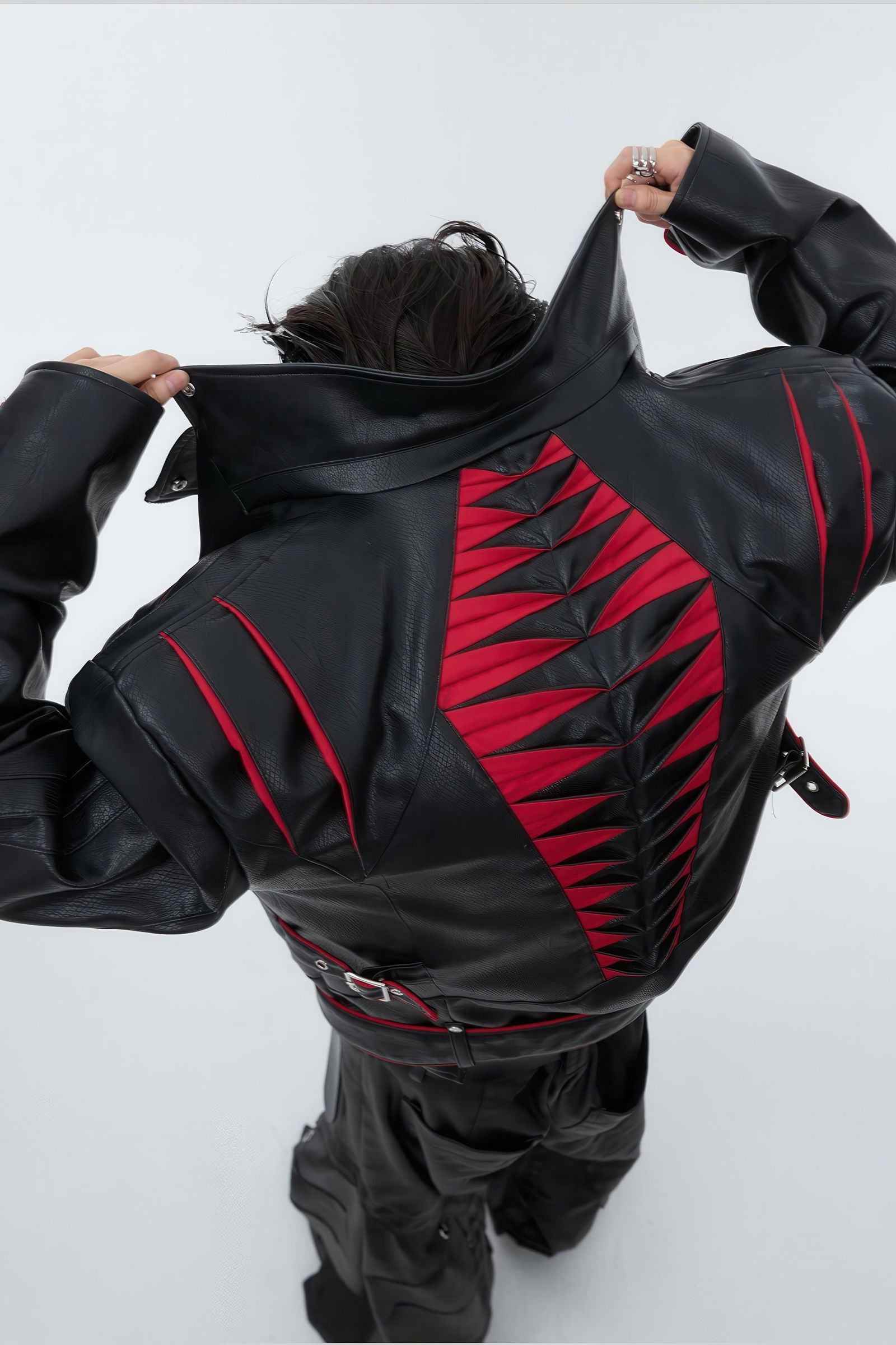 Short Deconstructed Biker Leather Jacket - Pleated Spine and Heavy Stitching - 4inme