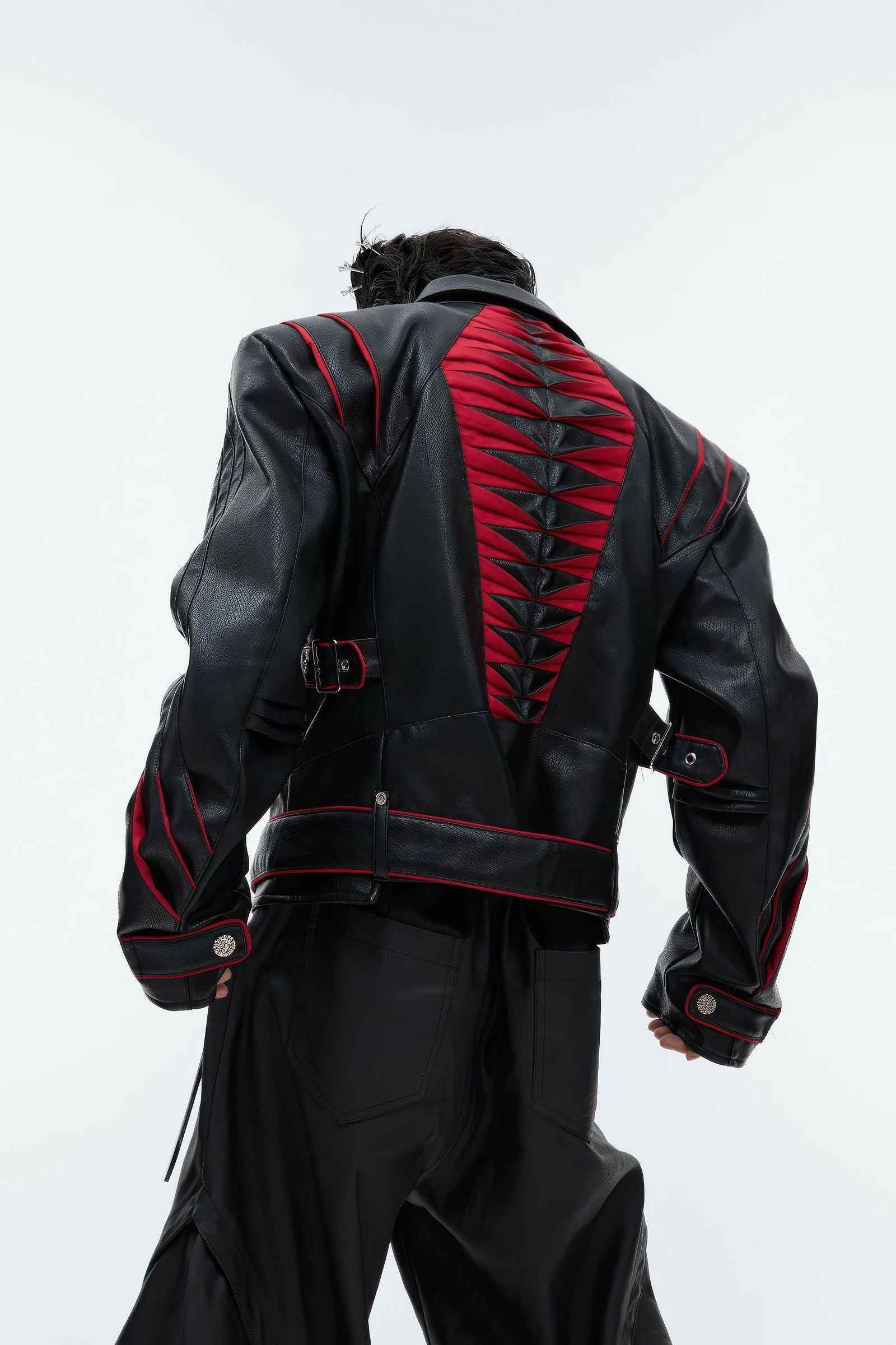 Short Deconstructed Biker Leather Jacket - Pleated Spine and Heavy Stitching - 4inme
