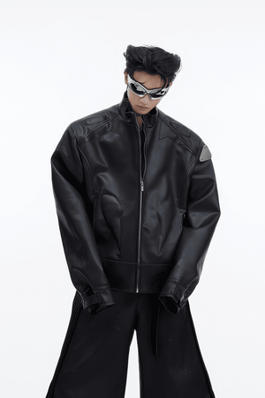 Short Leather Jacket – Modern Sculptural Design with Metal Logo - 4inme