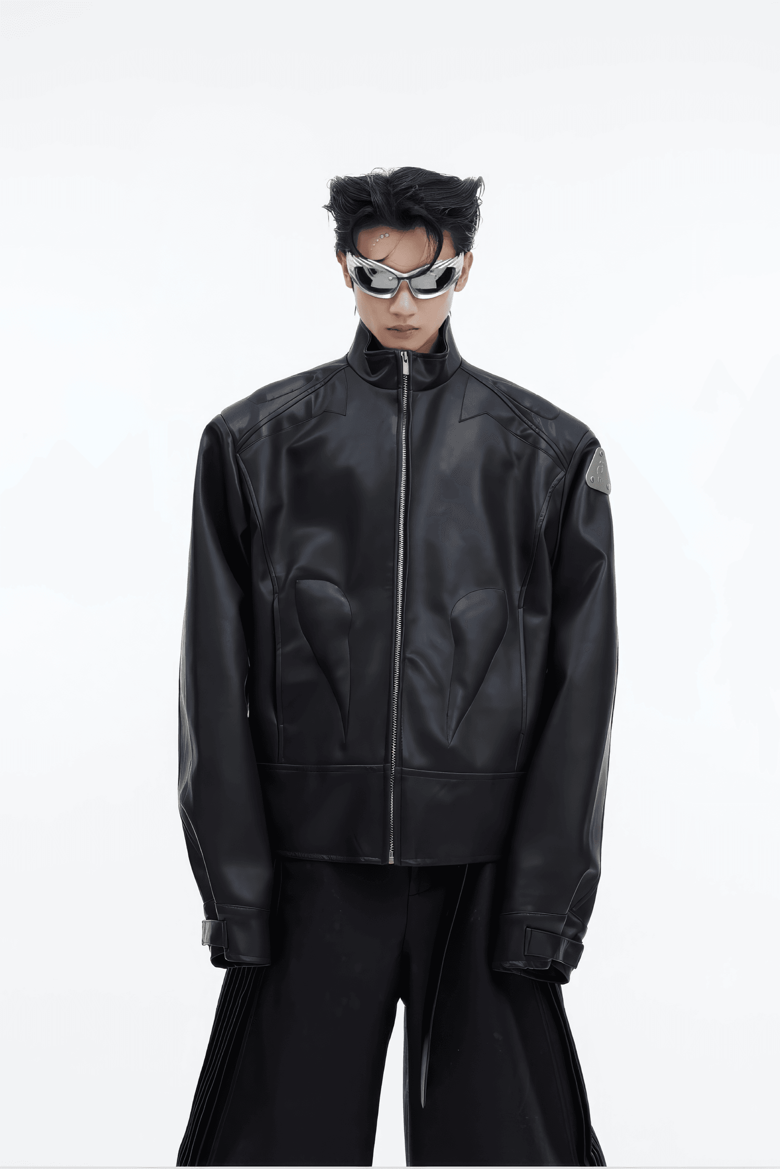 Short Leather Jacket – Modern Sculptural Design with Metal Logo - 4inme