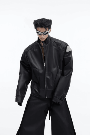 Short Leather Jacket – Modern Sculptural Design with Metal Logo - 4inme