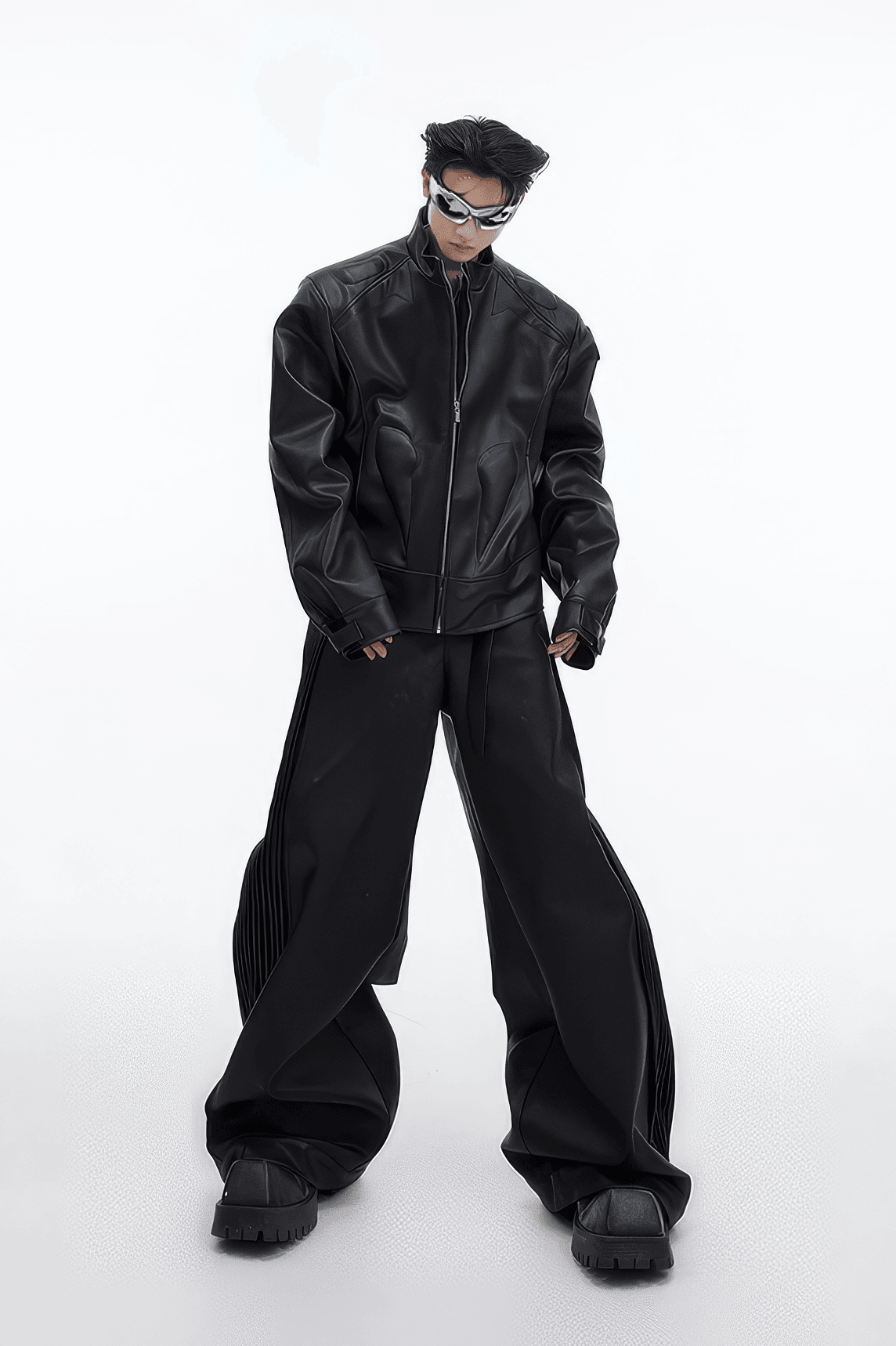 Short Leather Jacket – Modern Sculptural Design with Metal Logo - 4inme