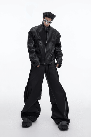 Short Leather Jacket – Modern Sculptural Design with Metal Logo - 4inme