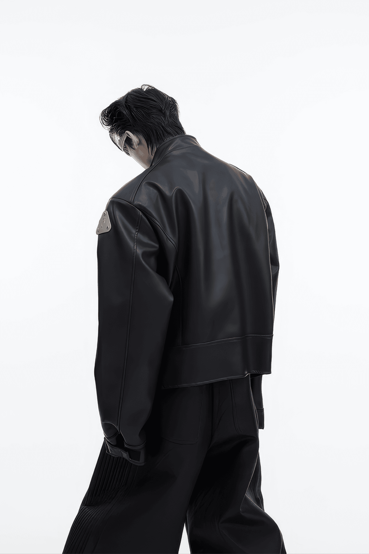 Short Leather Jacket – Modern Sculptural Design with Metal Logo - 4inme