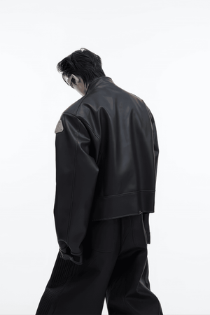 Short Leather Jacket – Modern Sculptural Design with Metal Logo - 4inme