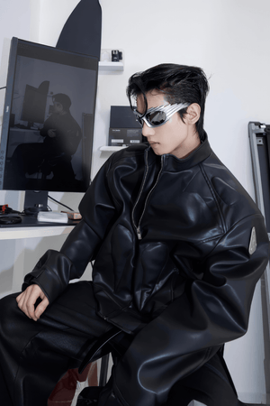 Short Leather Jacket – Modern Sculptural Design with Metal Logo - 4inme