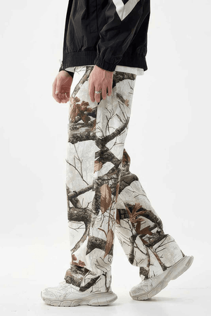 Stylish Tree Print Straight-Leg Denim Pants - Casual Wide-Leg Design for Men - 4inme