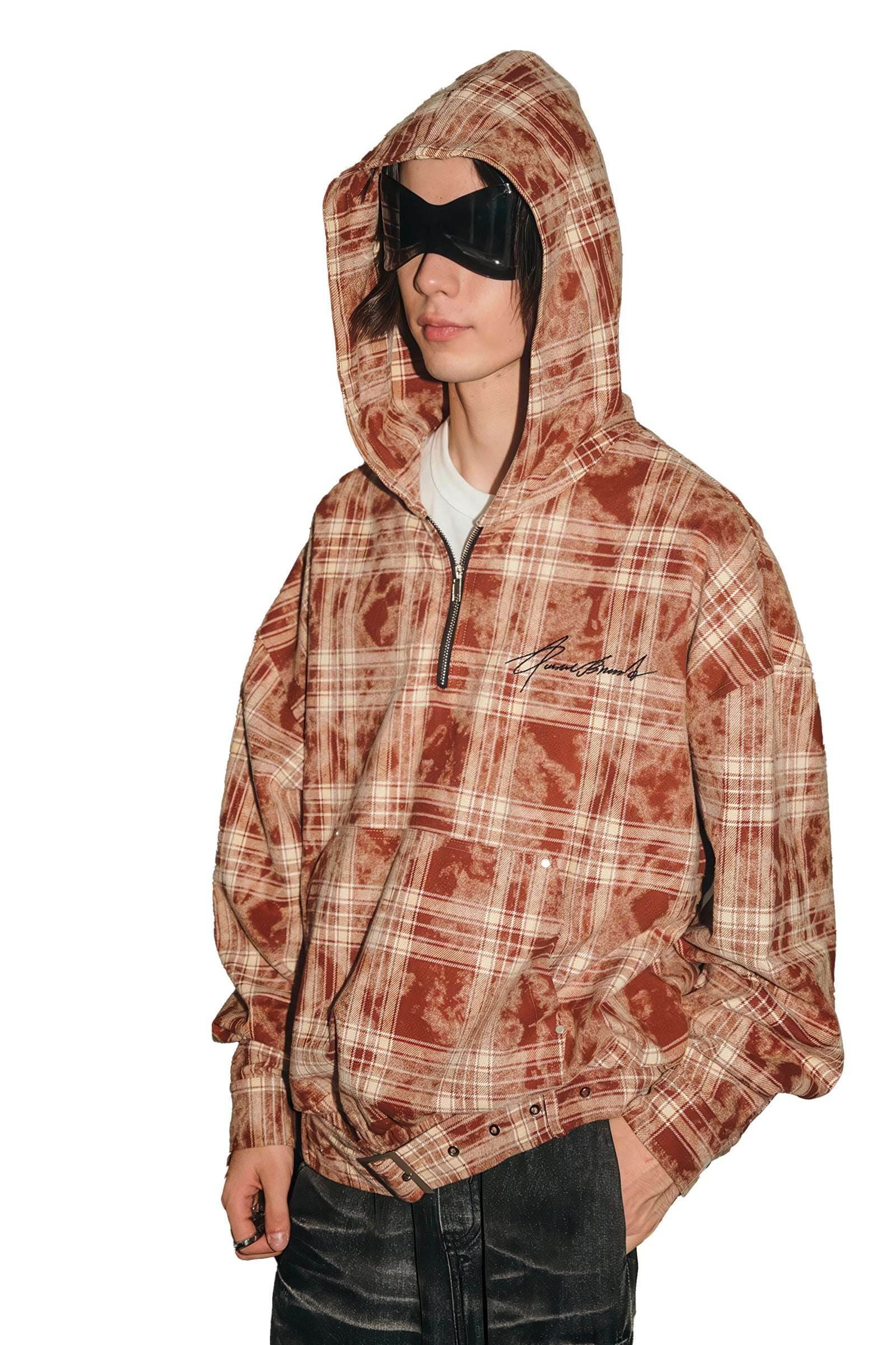 Tie-Dye Hoodie - Half-Zip Belted Checkered Loungewear - 4inme