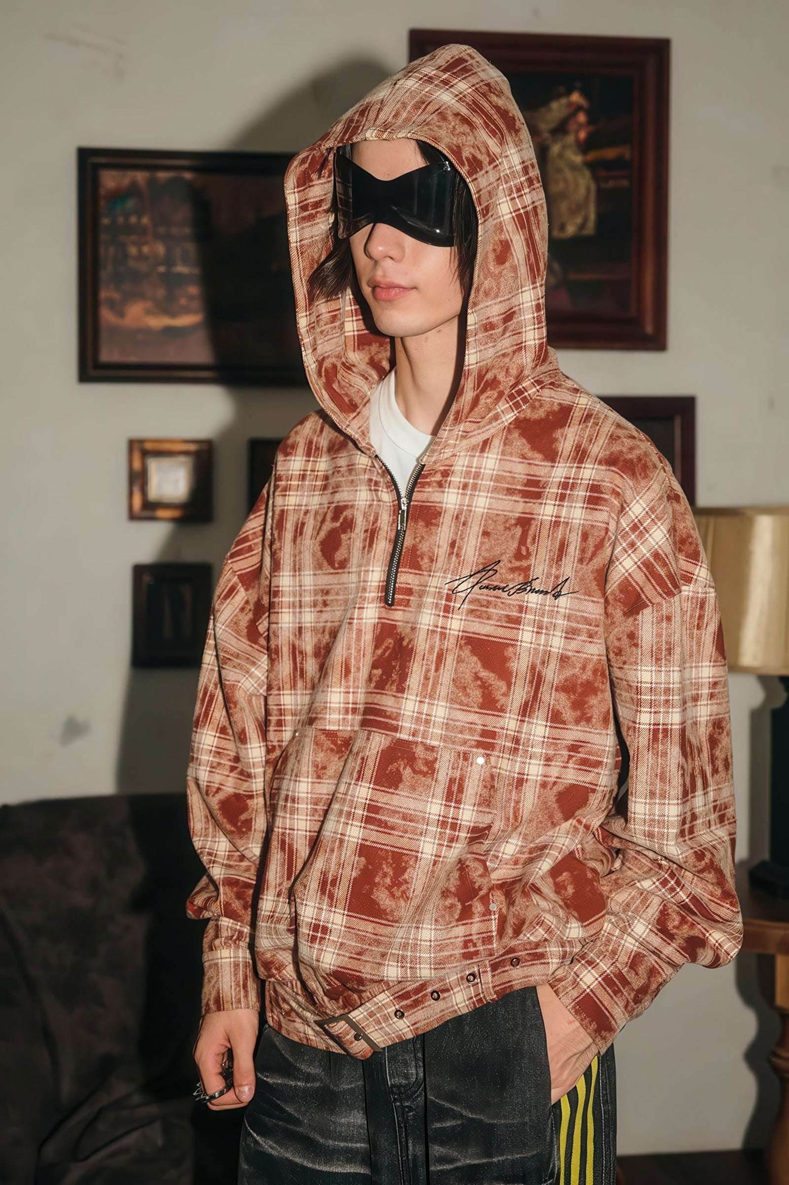 Tie-Dye Hoodie - Half-Zip Belted Checkered Loungewear - 4inme