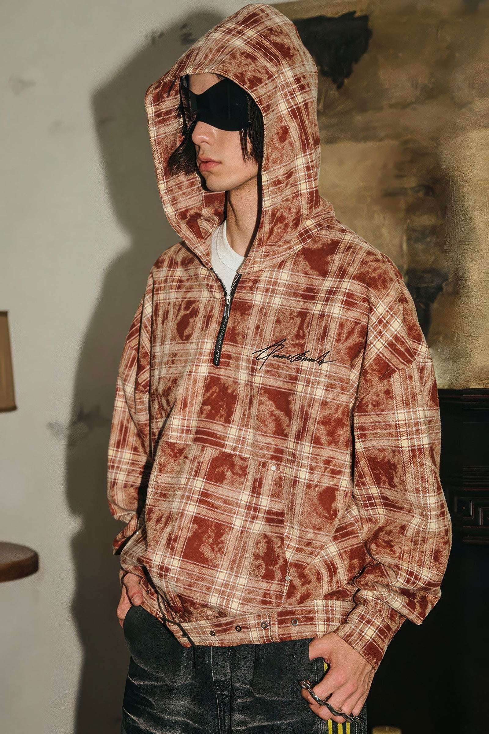 Tie-Dye Hoodie - Half-Zip Belted Checkered Loungewear - 4inme