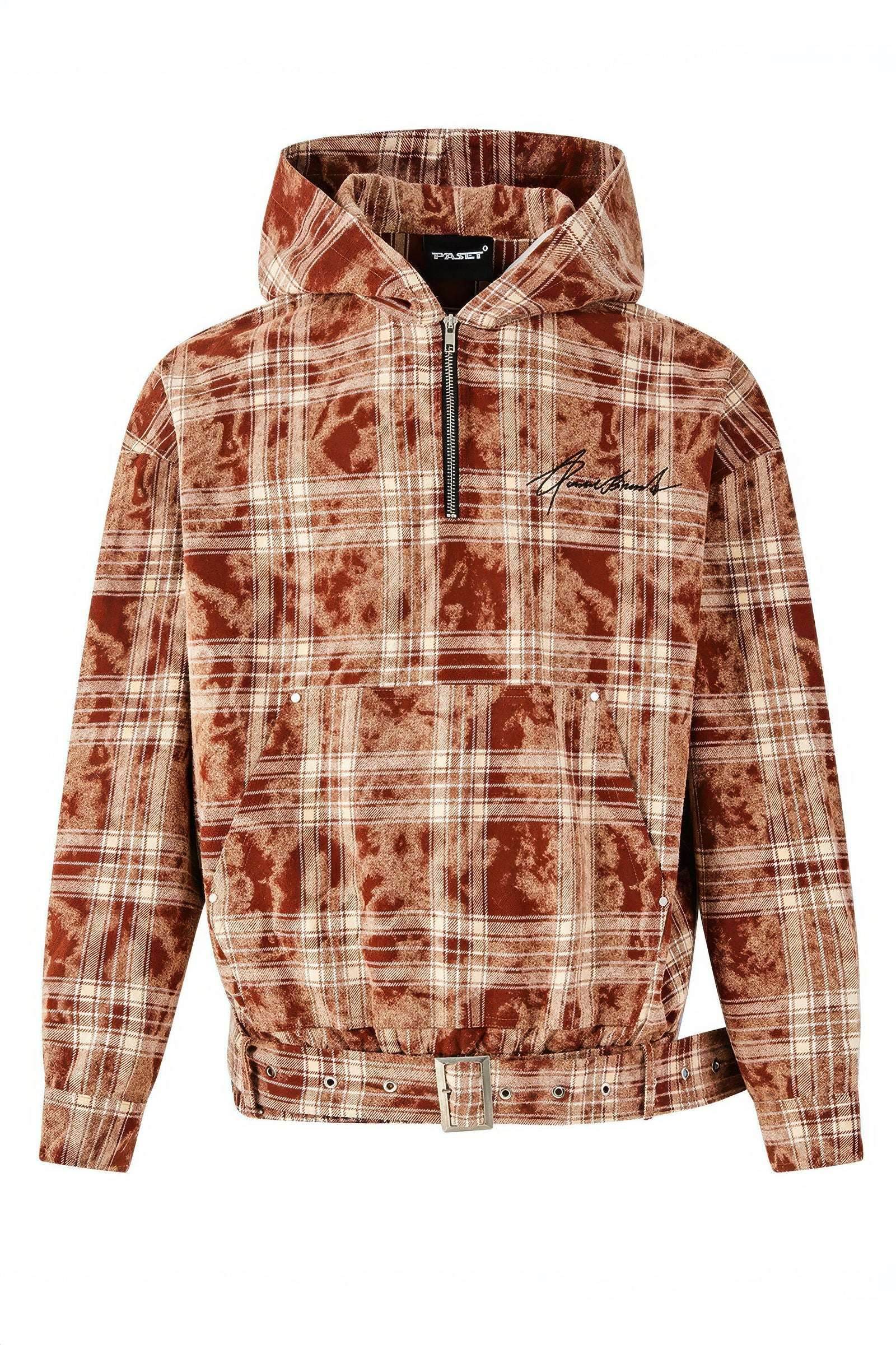 Tie-Dye Hoodie - Half-Zip Belted Checkered Loungewear - 4inme
